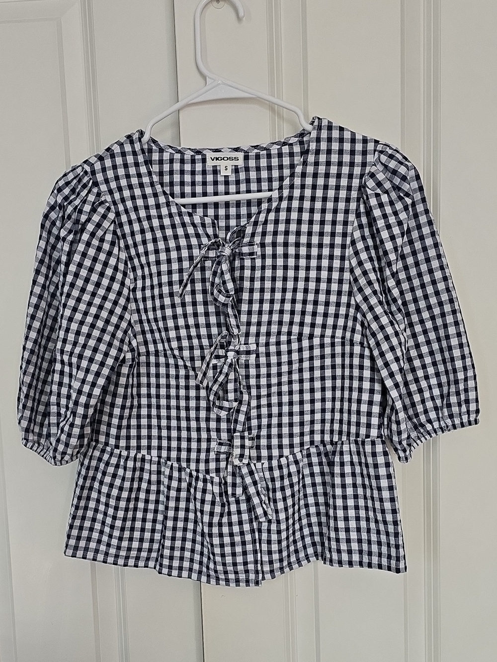 Vigoss Black & White Gingham Tie-Front Peplum Top